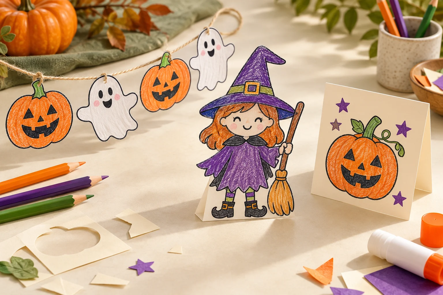 Handmade Halloween paper crafts: a pumpkin and ghost garland, a witch on a folded card stand, and a pumpkin greeting card
