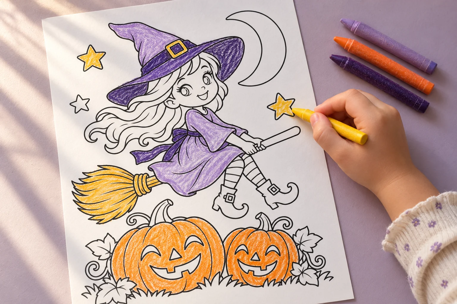 A hand coloring a little witch and golden stars on a lavender craft table