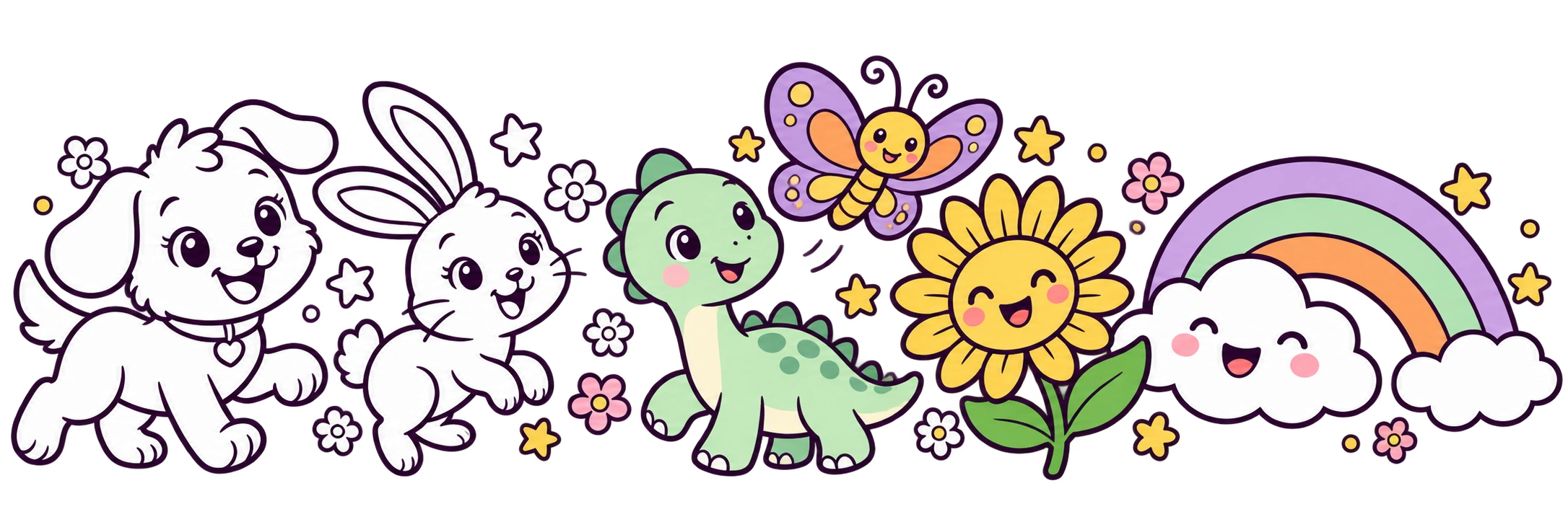 Playful animals, flowers and a rainbow, from open coloring outlines to colorful drawings