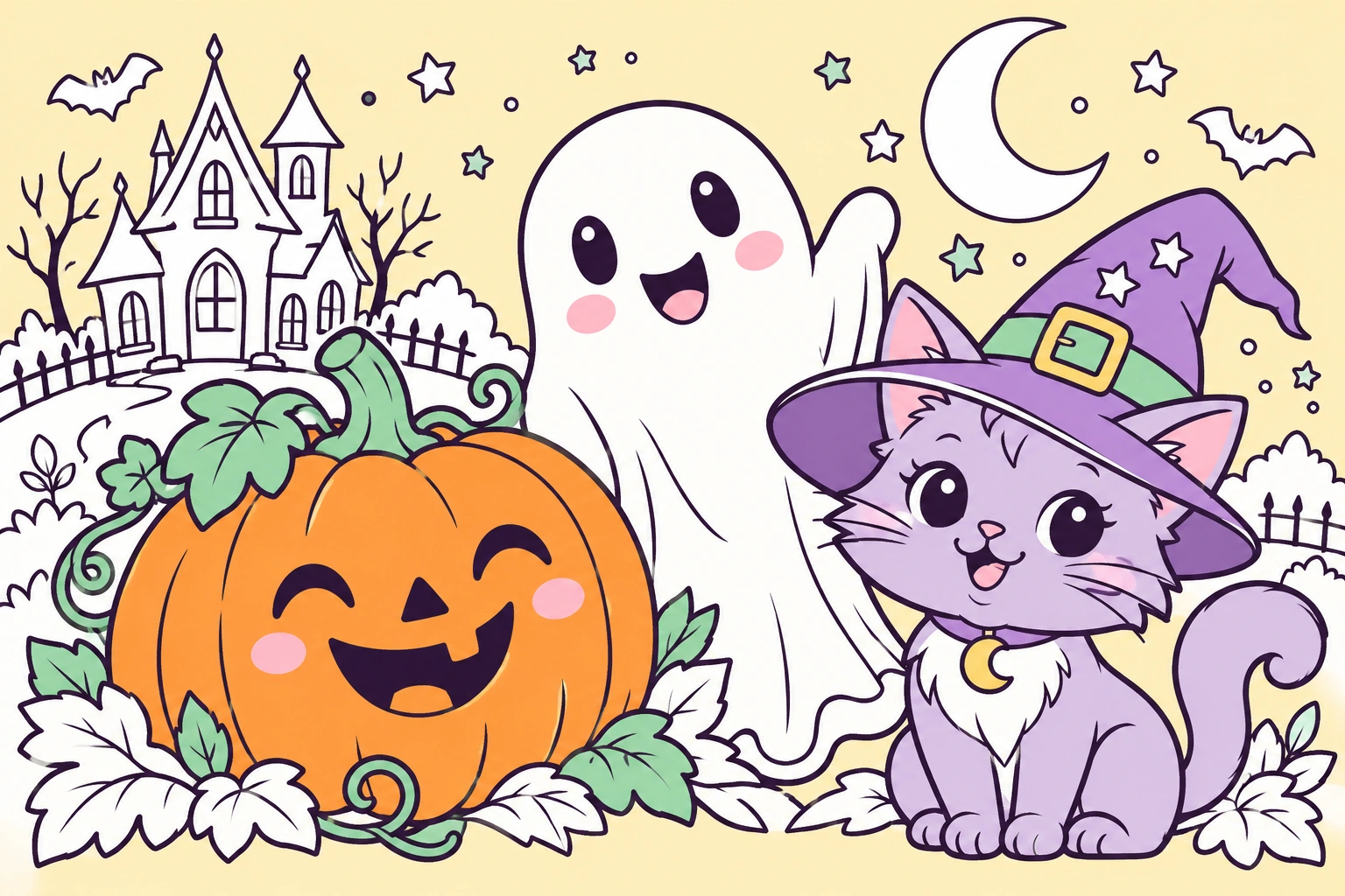A happy pumpkin, friendly ghost and witch cat in partially colored line art
